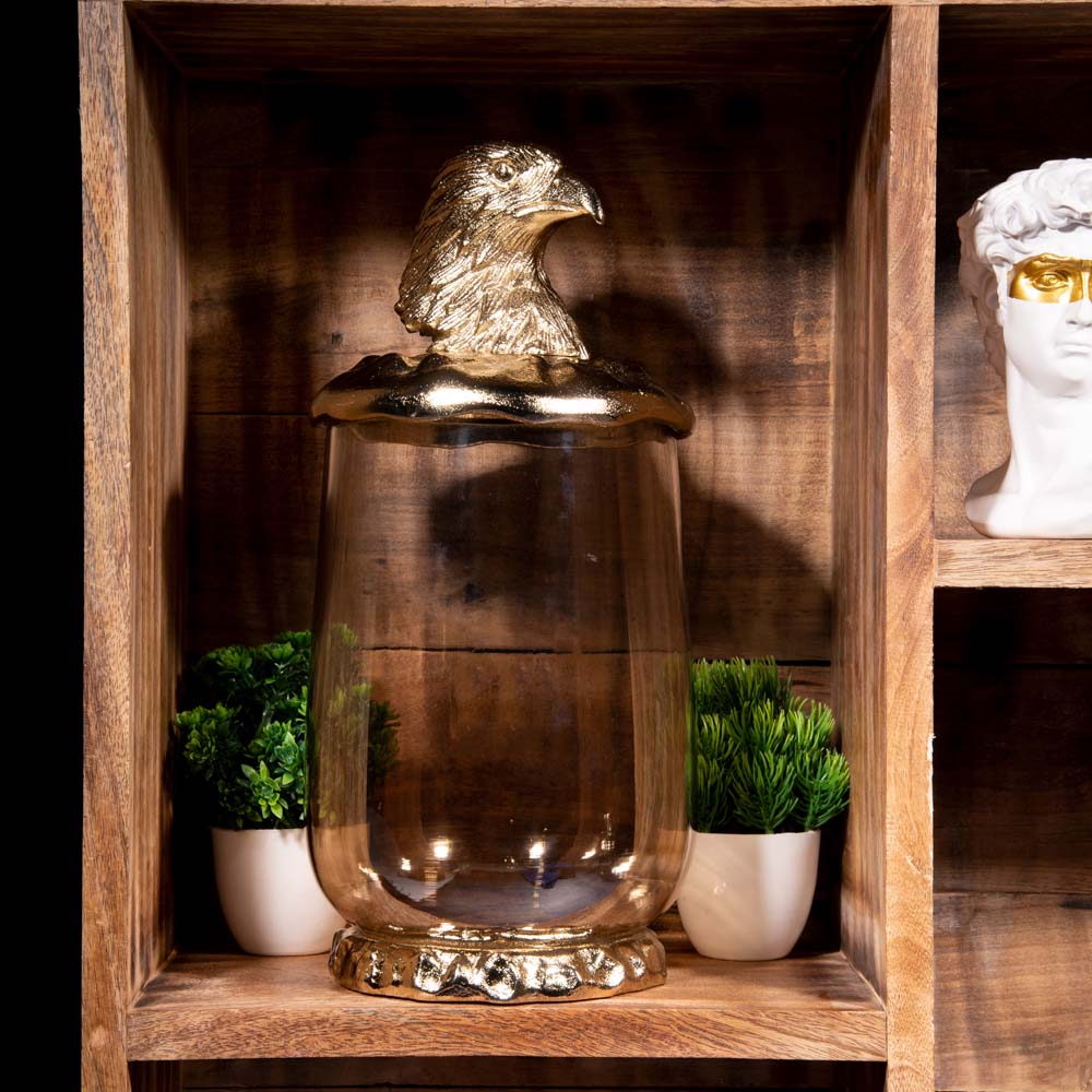 Small Stylish Golden Eagle Glass Jar with Lid Designer Jar Online