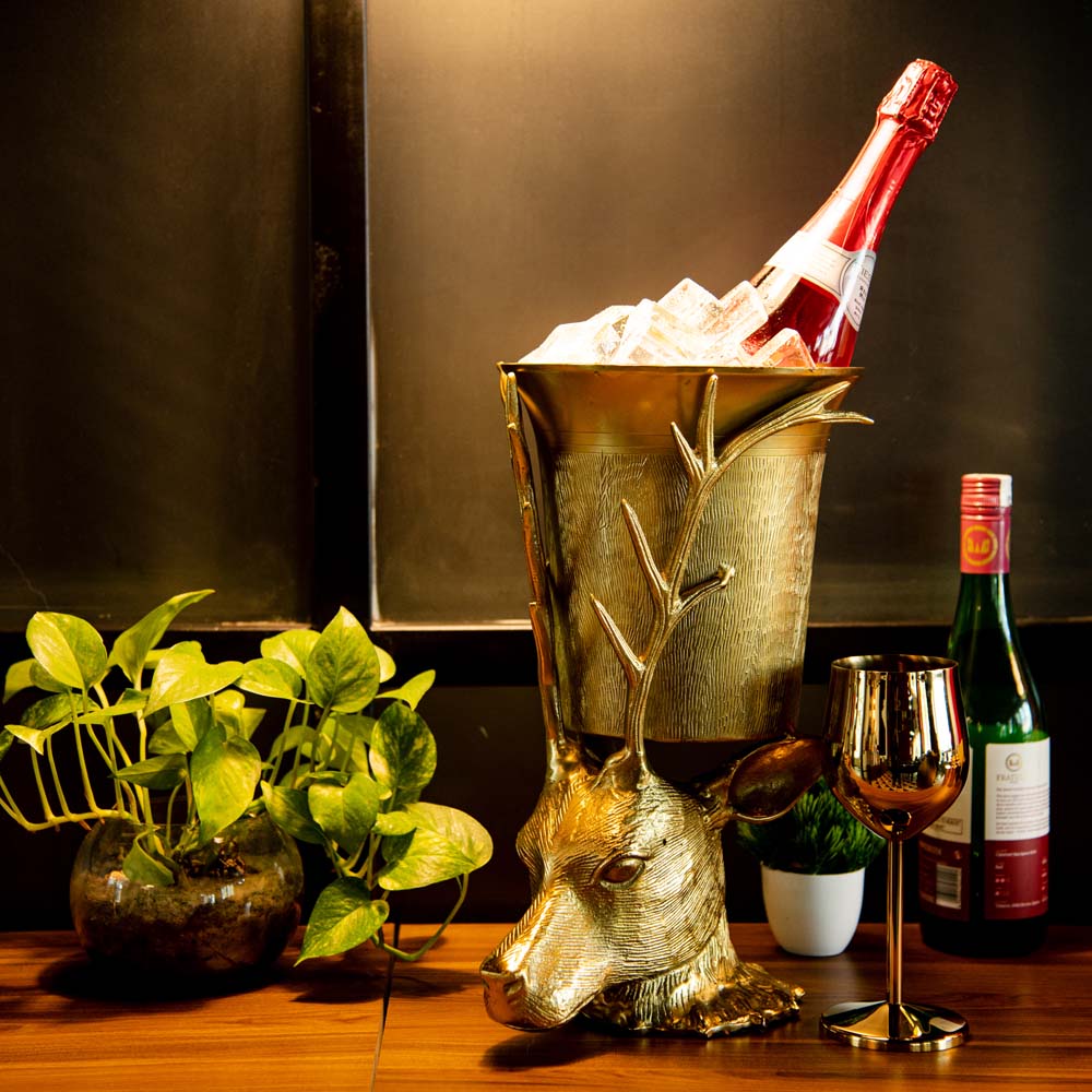Gold Stag Head Wine Cooler Ice Bucket Deer Champagne Chiller