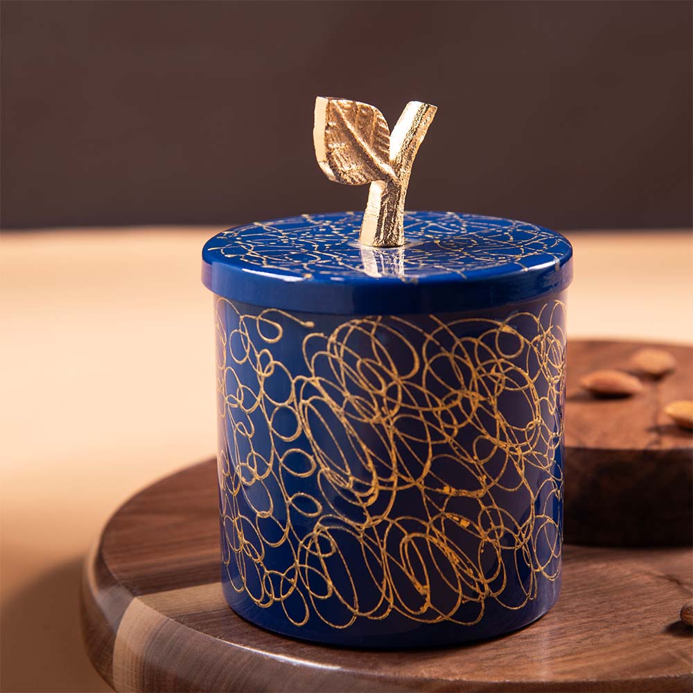 Metal Blue Serving Jar Set of 2 With Tray | Gold Pattern Jars